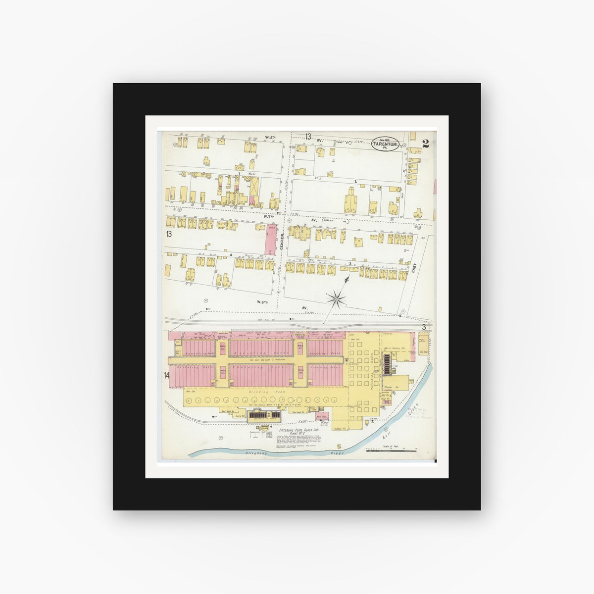 Old map wall art mockup — black gallery frame with white mat — Sanborn Fire Insurance Map from Tarentum, Allegheny County, Pennsylvania (1902), Sheet #0002