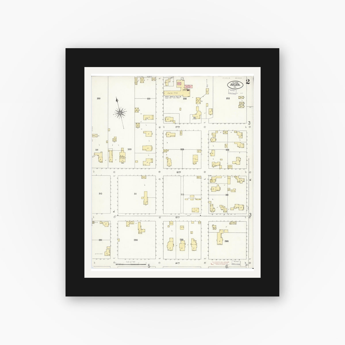 Old map wall art mockup — black gallery frame with white mat — Sanborn Fire Insurance Map from Arcata, Humboldt County, California (1908), Sheet #0002
