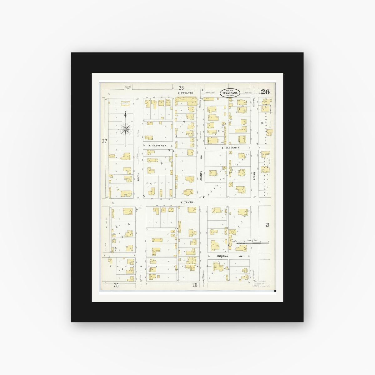Old map wall art mockup — black gallery frame with white mat — Sanborn Fire Insurance Map from Texarkana, Bowie County, Texas (1909), Sheet #0026