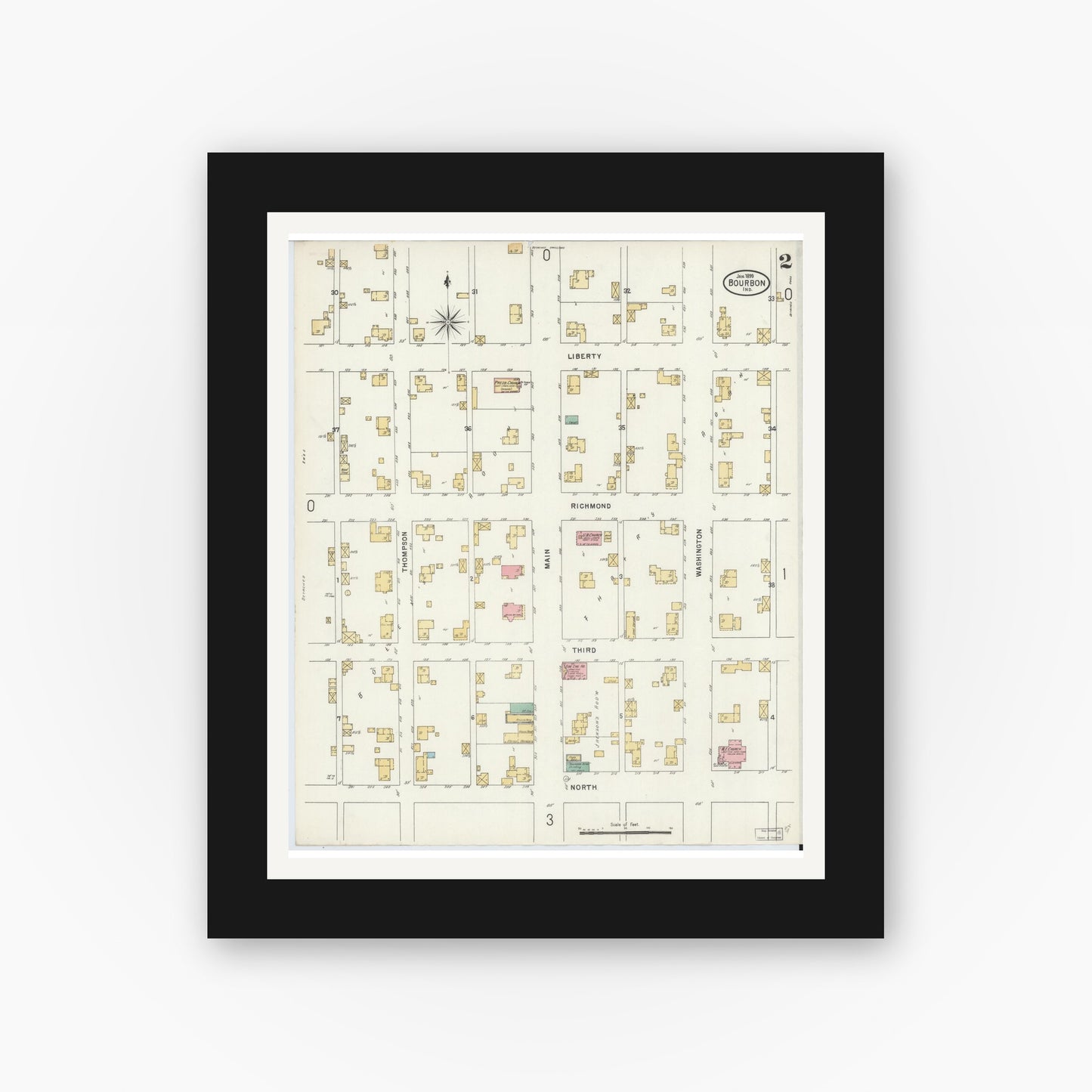 Old map wall art mockup — black gallery frame with white mat — Sanborn Fire Insurance Map from Bourbon, Marshall County, Indiana (1899), Sheet #0002
