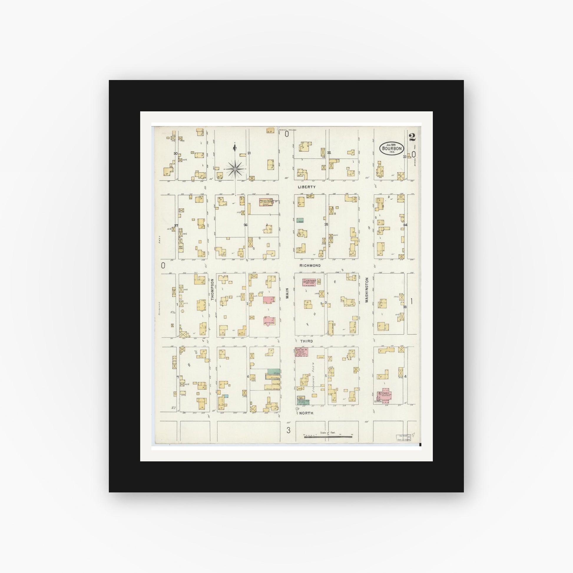 Old map wall art mockup — black gallery frame with white mat — Sanborn Fire Insurance Map from Bourbon, Marshall County, Indiana (1899), Sheet #0002