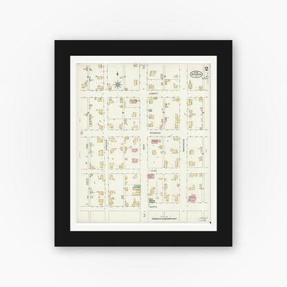 Old map wall art mockup — black gallery frame with white mat — Sanborn Fire Insurance Map from Bourbon, Marshall County, Indiana (1899), Sheet #0002