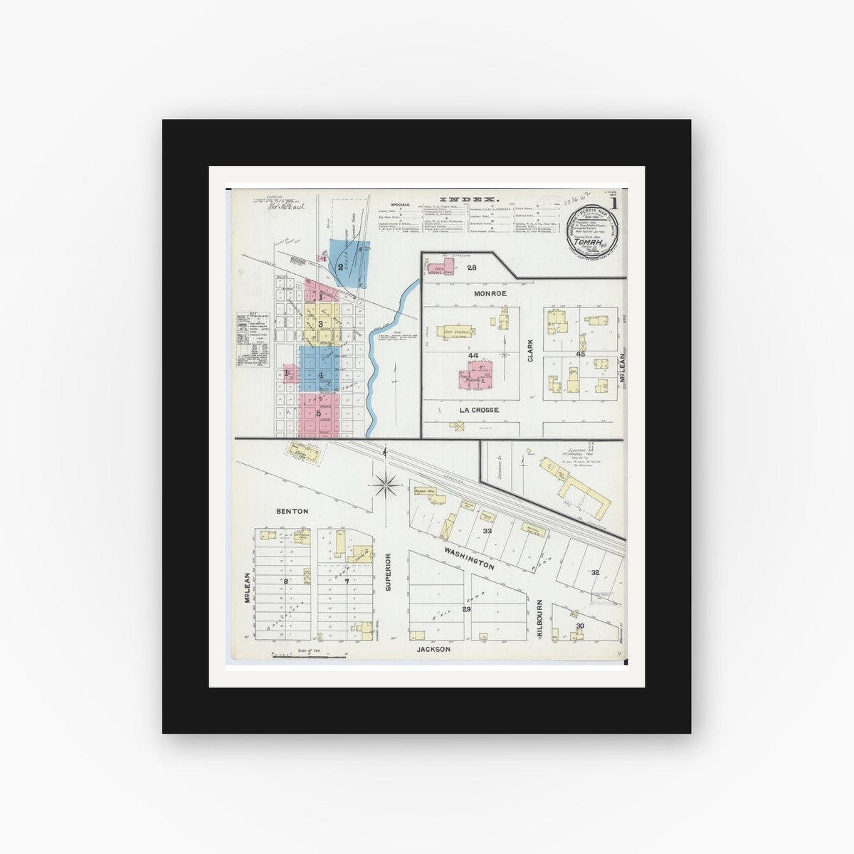 Old map wall art mockup — black gallery frame with white mat — Sanborn Fire Insurance Map from Tomah, Monroe County, Wisconsin (1891) - Complete Map Set