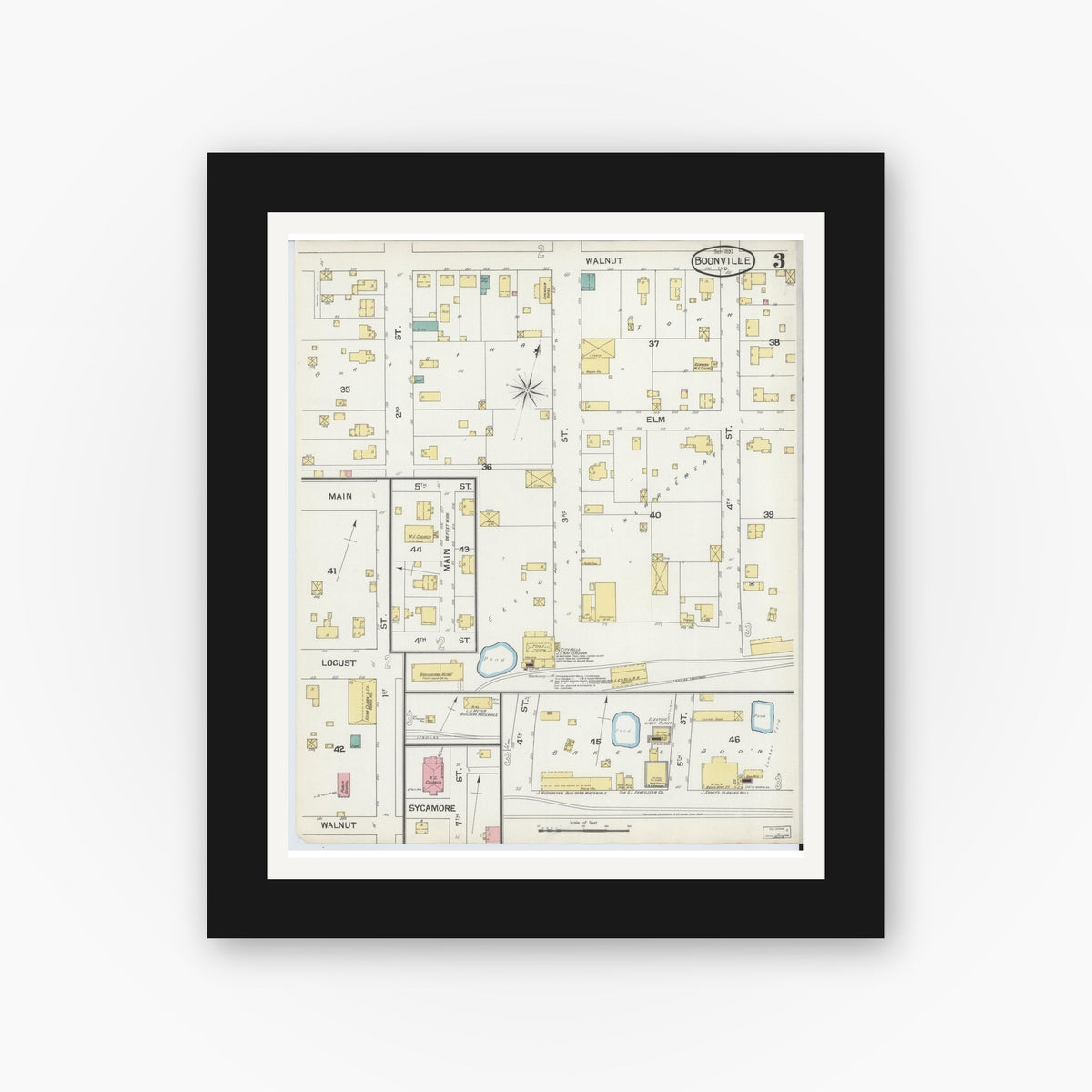 Old map wall art mockup — black gallery frame with white mat — Sanborn Fire Insurance Map from Boonville, Warrick County, Indiana (1892), Sheet #0003