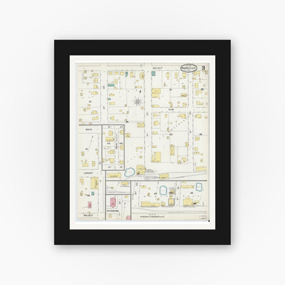 Old map wall art mockup — black gallery frame with white mat — Sanborn Fire Insurance Map from Boonville, Warrick County, Indiana (1892), Sheet #0003