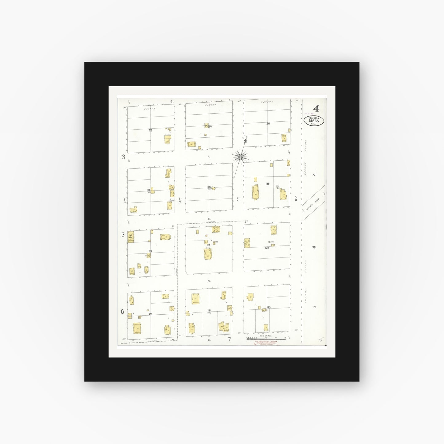 Old map wall art mockup — black gallery frame with white mat — Sanborn Fire Insurance Map from Biggs, Butte County, California (1909), Sheet #0004