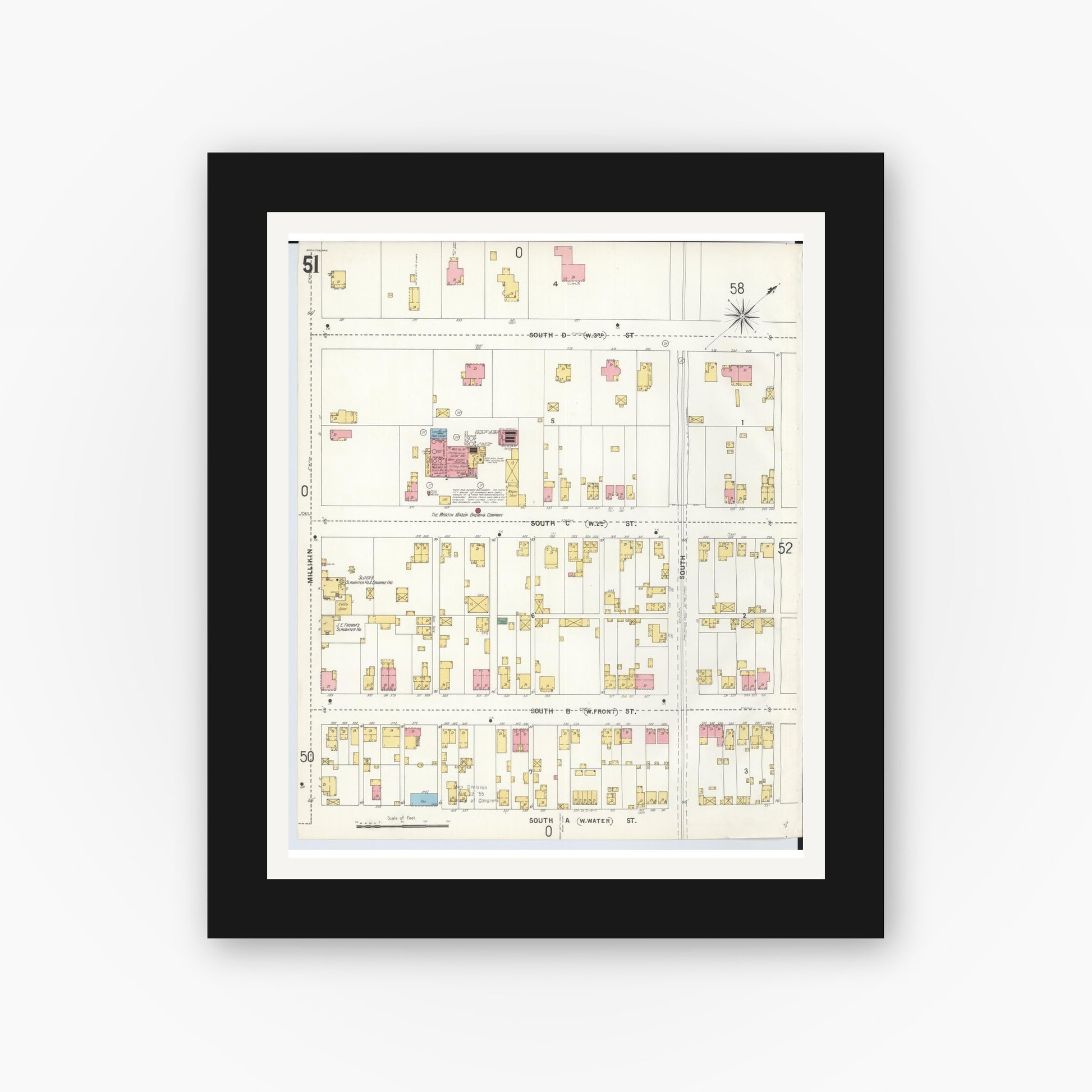 Old map wall art mockup — black gallery frame with white mat — Sanborn Fire Insurance Map from Hamilton, Butler County, Ohio (1899), Sheet #0051