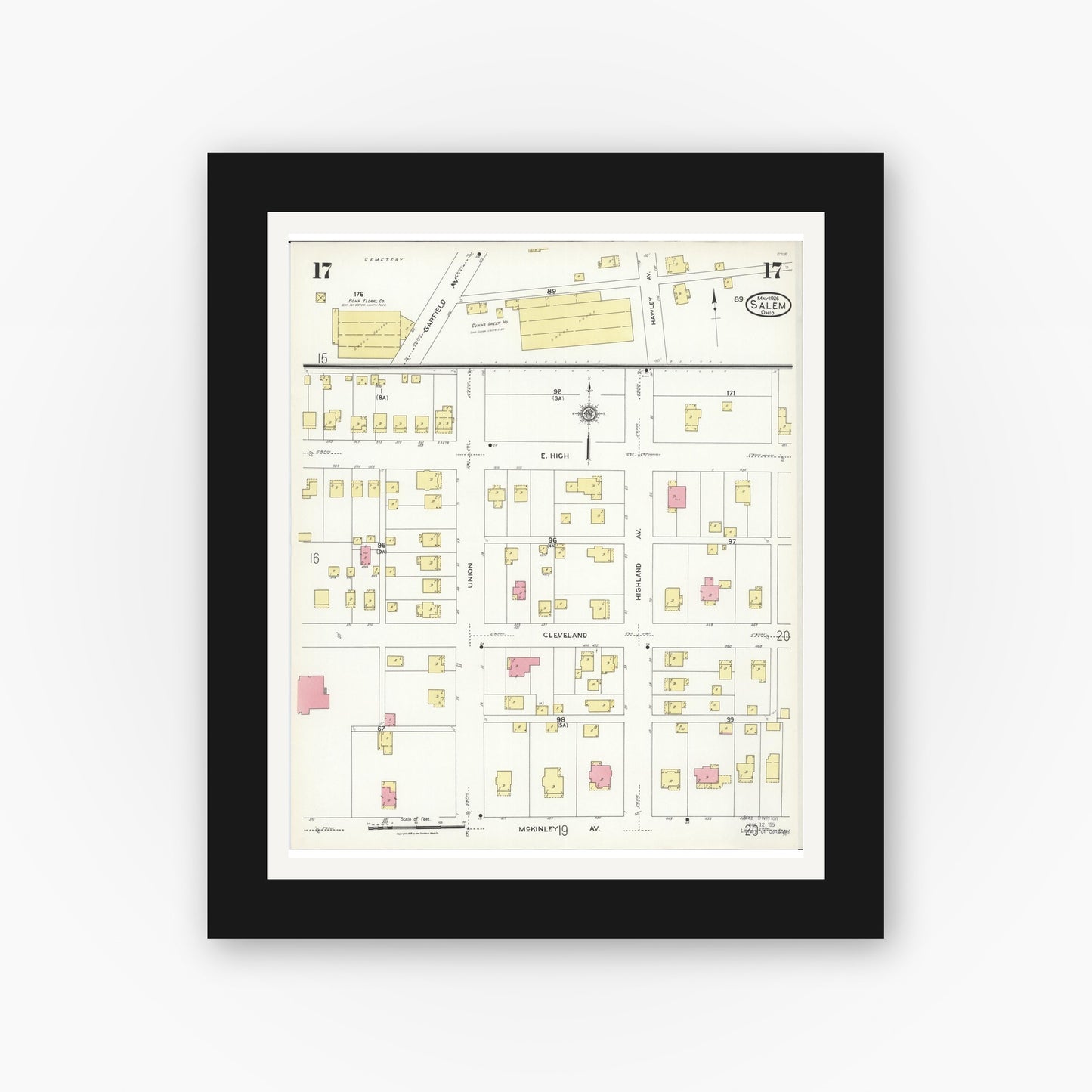 Old map wall art mockup — black gallery frame with white mat — Sanborn Fire Insurance Map from Salem, Columbiana County, Ohio (1926), Sheet #0017