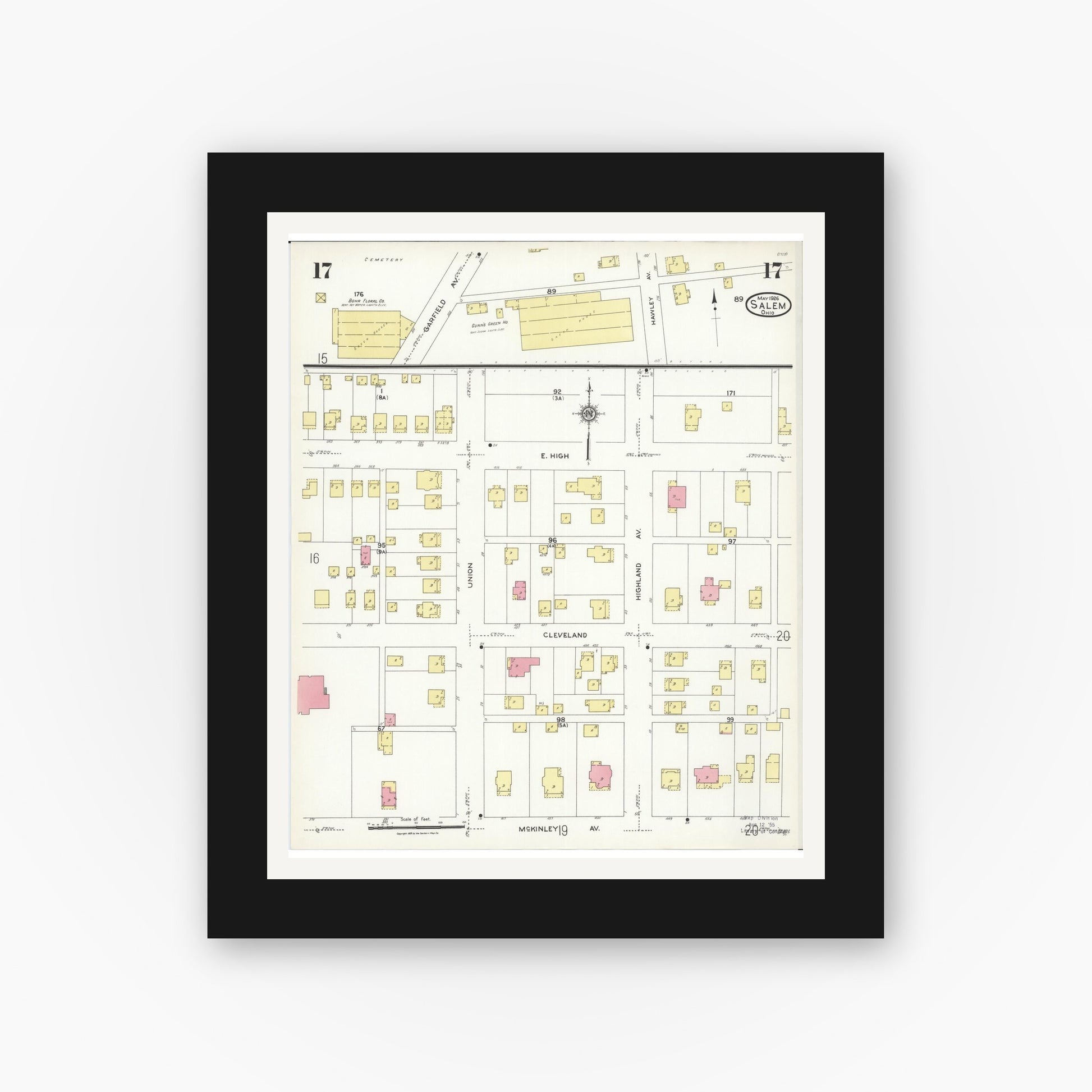 Old map wall art mockup — black gallery frame with white mat — Sanborn Fire Insurance Map from Salem, Columbiana County, Ohio (1926), Sheet #0017