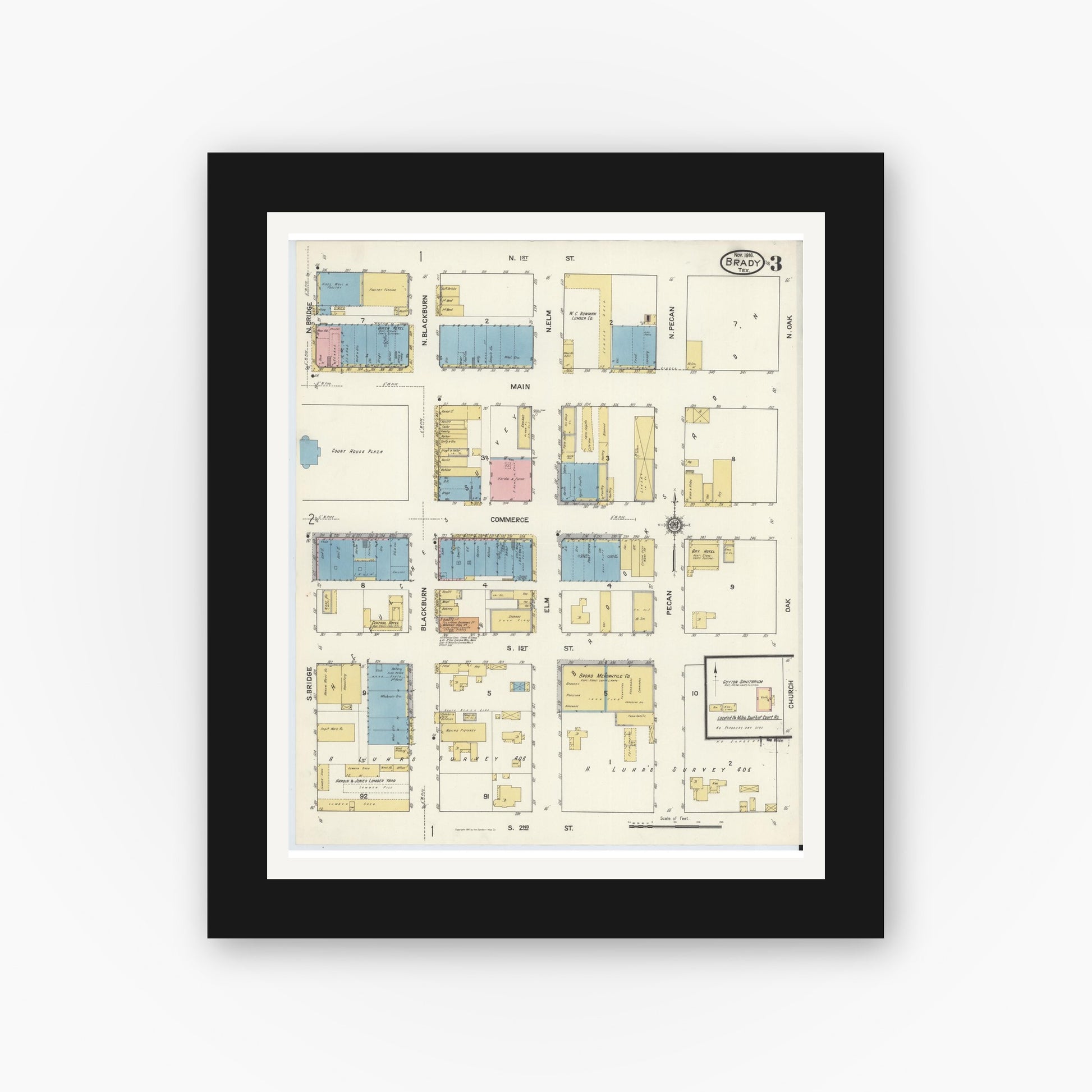 Old map wall art mockup — black gallery frame with white mat — Sanborn Fire Insurance Map from Brady, McCulloch County, Texas (1916), Sheet #0003
