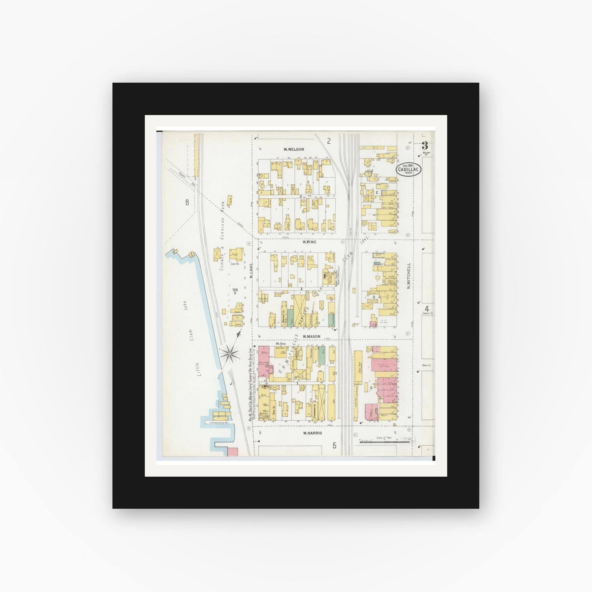 Old map wall art mockup — black gallery frame with white mat — Sanborn Fire Insurance Map from Cadillac, Wexford County, Michigan (1900), Sheet #0003