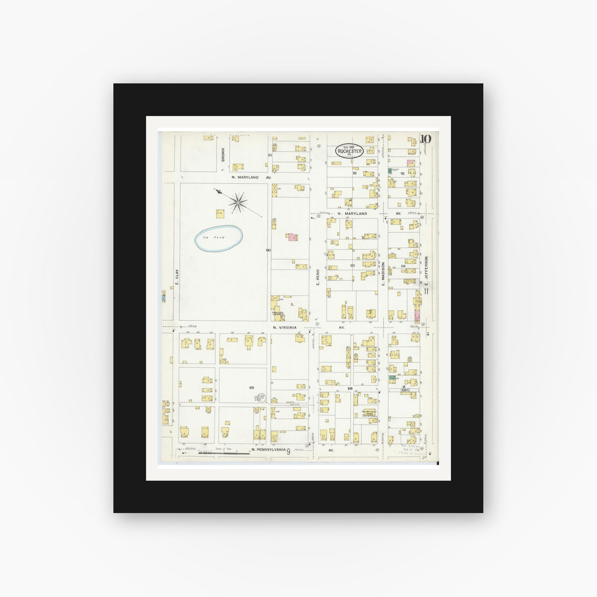 Old map wall art mockup — black gallery frame with white mat — Sanborn Fire Insurance Map from Rochester, Beaver County, Pennsylvania (1908), Sheet #0010