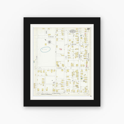 Old map wall art mockup — black gallery frame with white mat — Sanborn Fire Insurance Map from Rochester, Beaver County, Pennsylvania (1908), Sheet #0010