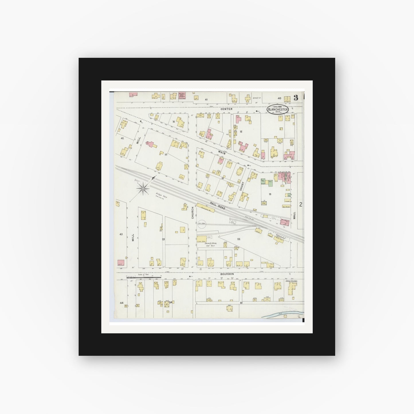 Old map wall art mockup — black gallery frame with white mat — Sanborn Fire Insurance Map from Blanchester, Clinton County, Ohio (1898), Sheet #0003