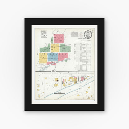 Old map wall art mockup — black gallery frame with white mat — Sanborn Fire Insurance Map from Delphi, Carroll County, Indiana (1900), Sheet #0001