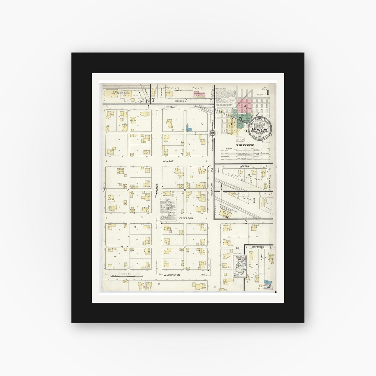 Old map wall art mockup — black gallery frame with white mat — Sanborn Fire Insurance Map from Mentone, Kosciusko County, Indiana (1914), Sheet #0001