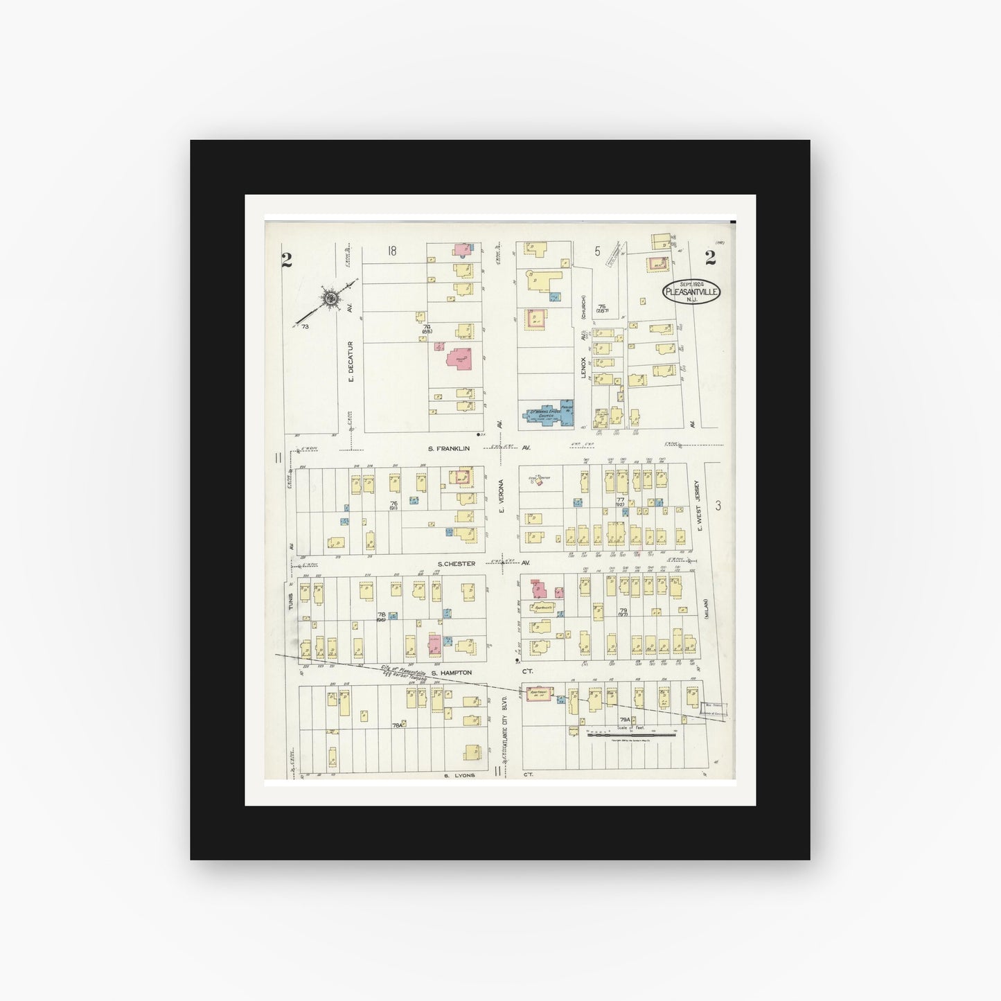 Old map wall art mockup — black gallery frame with white mat — Sanborn Fire Insurance Map from Pleasantville, Atlantic County, New Jersey (1924) - Complete Map Set