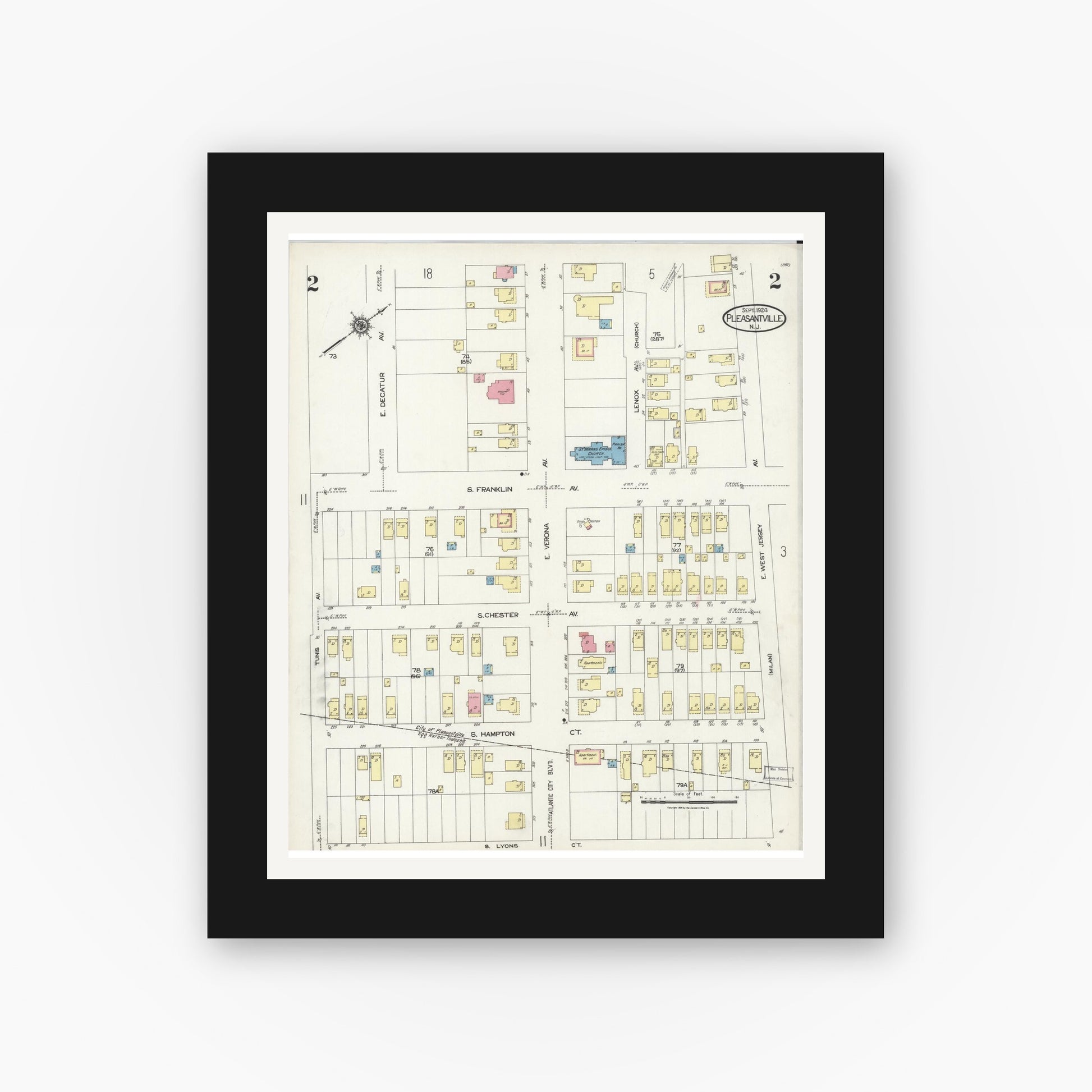 Old map wall art mockup — black gallery frame with white mat — Sanborn Fire Insurance Map from Pleasantville, Atlantic County, New Jersey (1924) - Complete Map Set