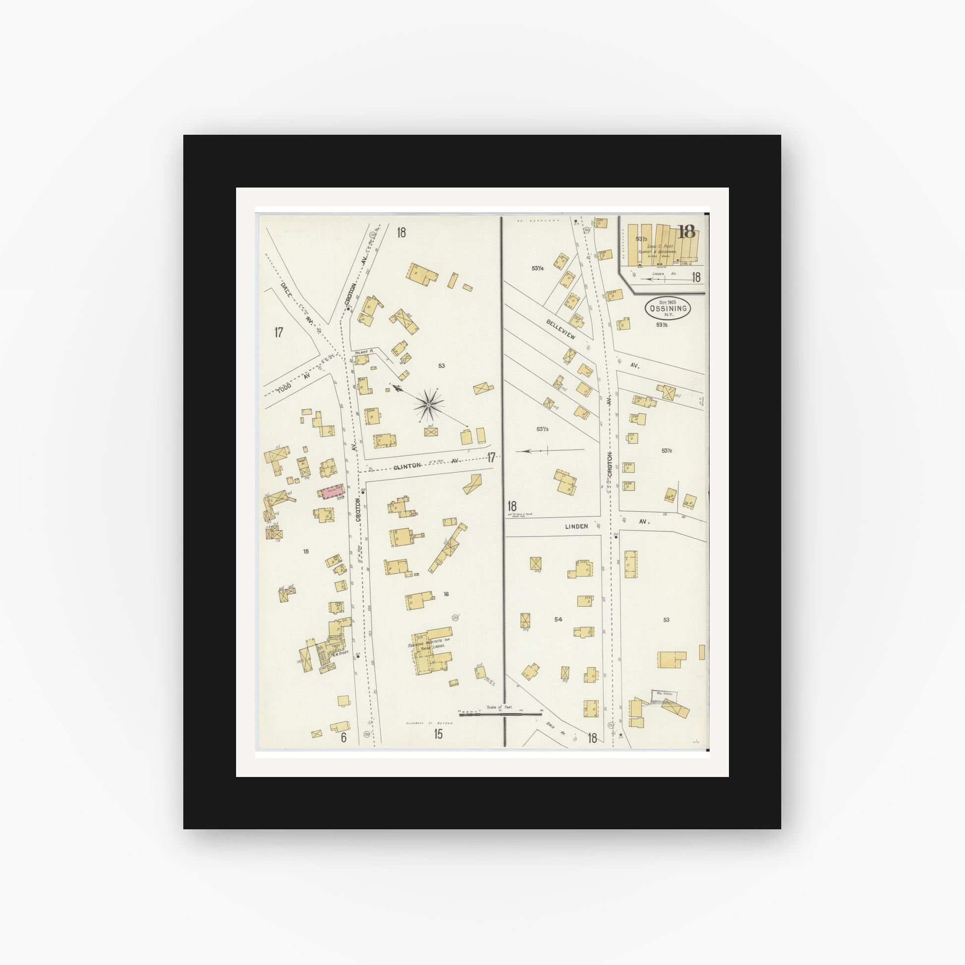Old map wall art mockup — black gallery frame with white mat — Sanborn Fire Insurance Map from Ossining, Westchester County, New York (1903), Sheet #0018