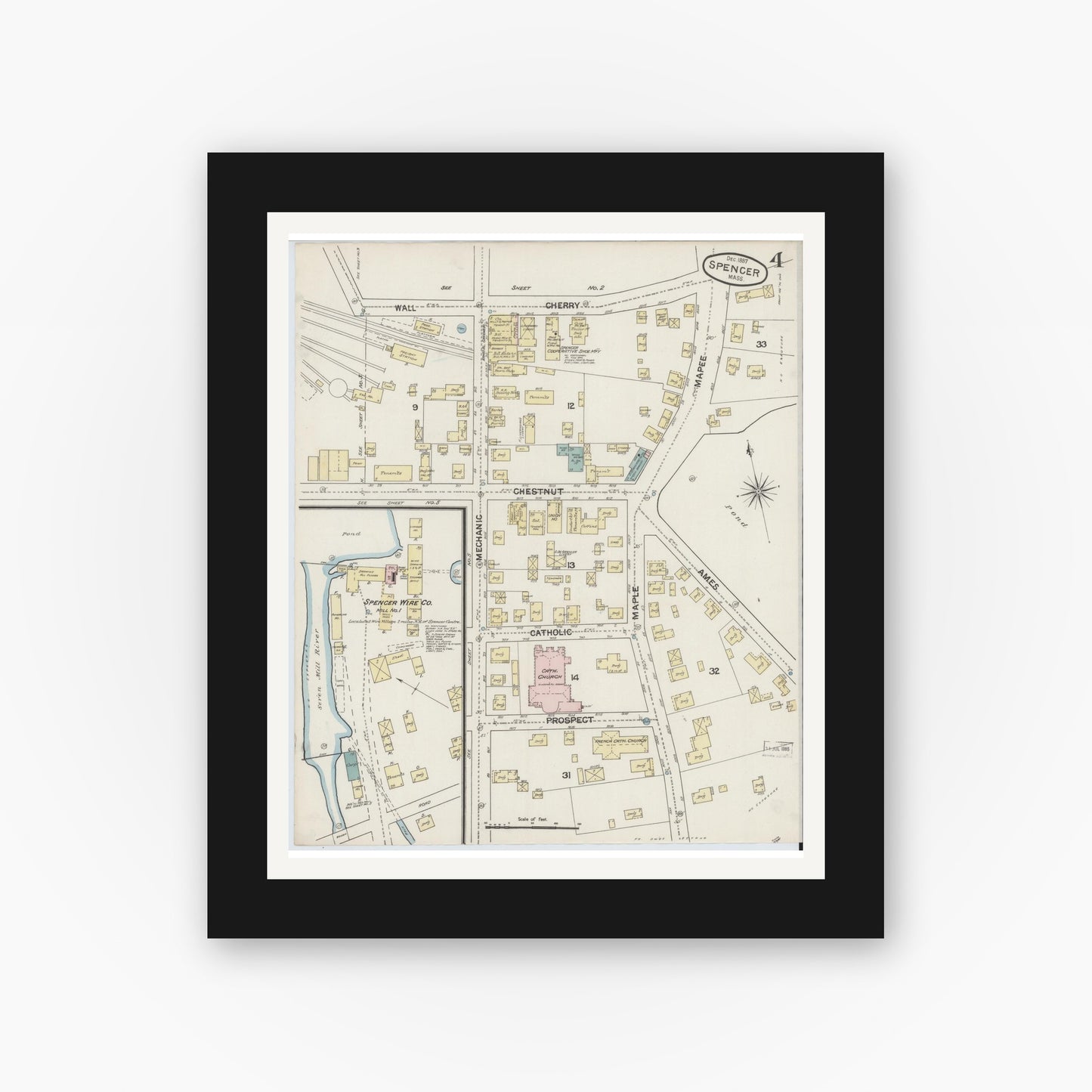 Old map wall art mockup — black gallery frame with white mat — Sanborn Fire Insurance Map from Spencer, Worcester County, Massachusetts (1887), Sheet #0004