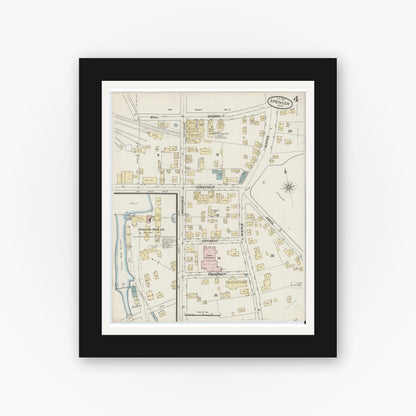 Old map wall art mockup — black gallery frame with white mat — Sanborn Fire Insurance Map from Spencer, Worcester County, Massachusetts (1887), Sheet #0004
