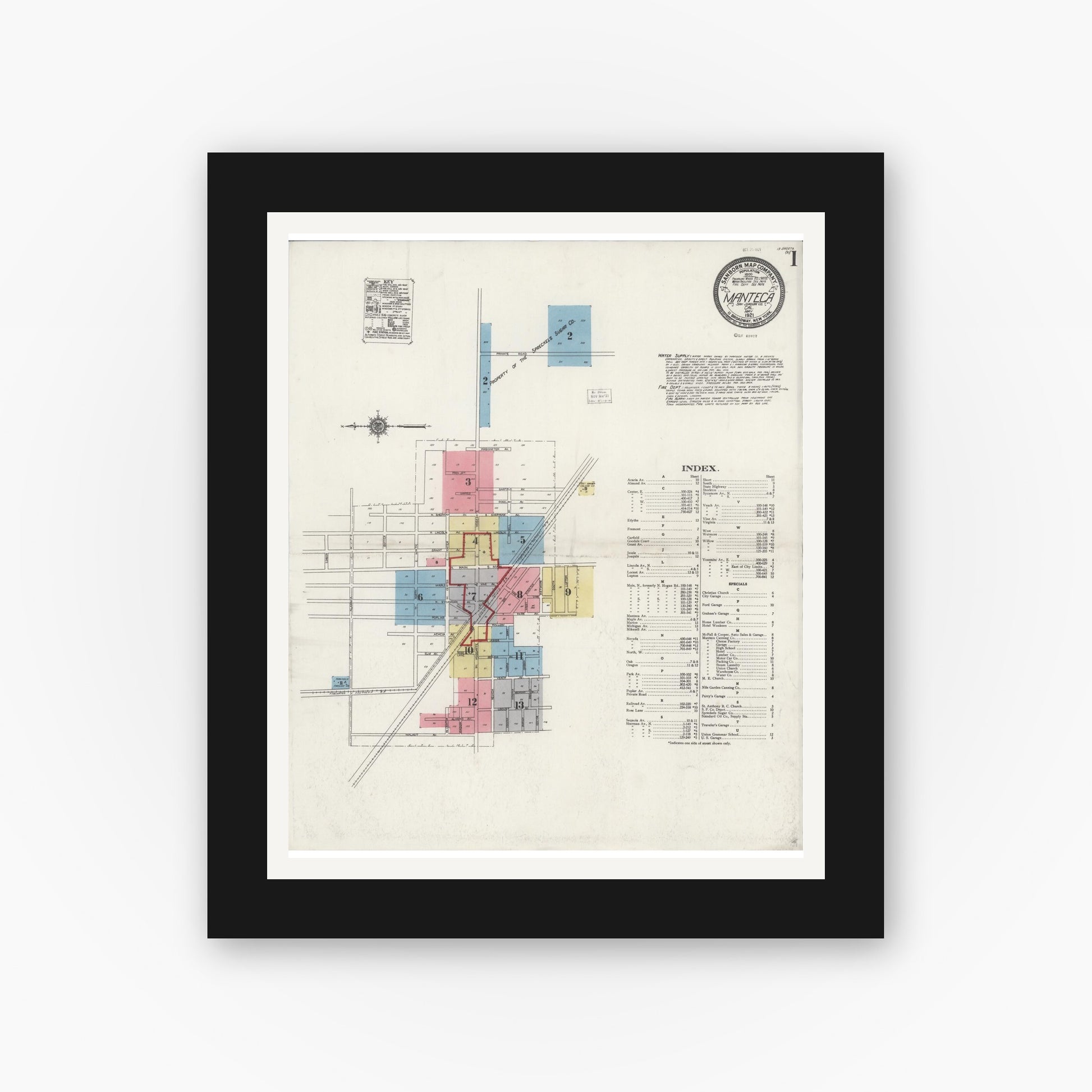 Old map wall art mockup — black gallery frame with white mat — Sanborn Fire Insurance Map from Manteca, San Joaquin County, California (1921) - Complete Map Set