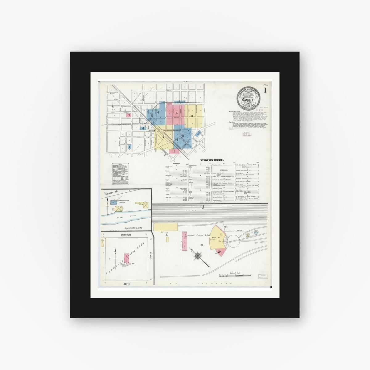 Old map wall art mockup — black gallery frame with white mat — Sanborn Fire Insurance Map from Amboy, Lee County, Illinois (1910) - Complete Map Set