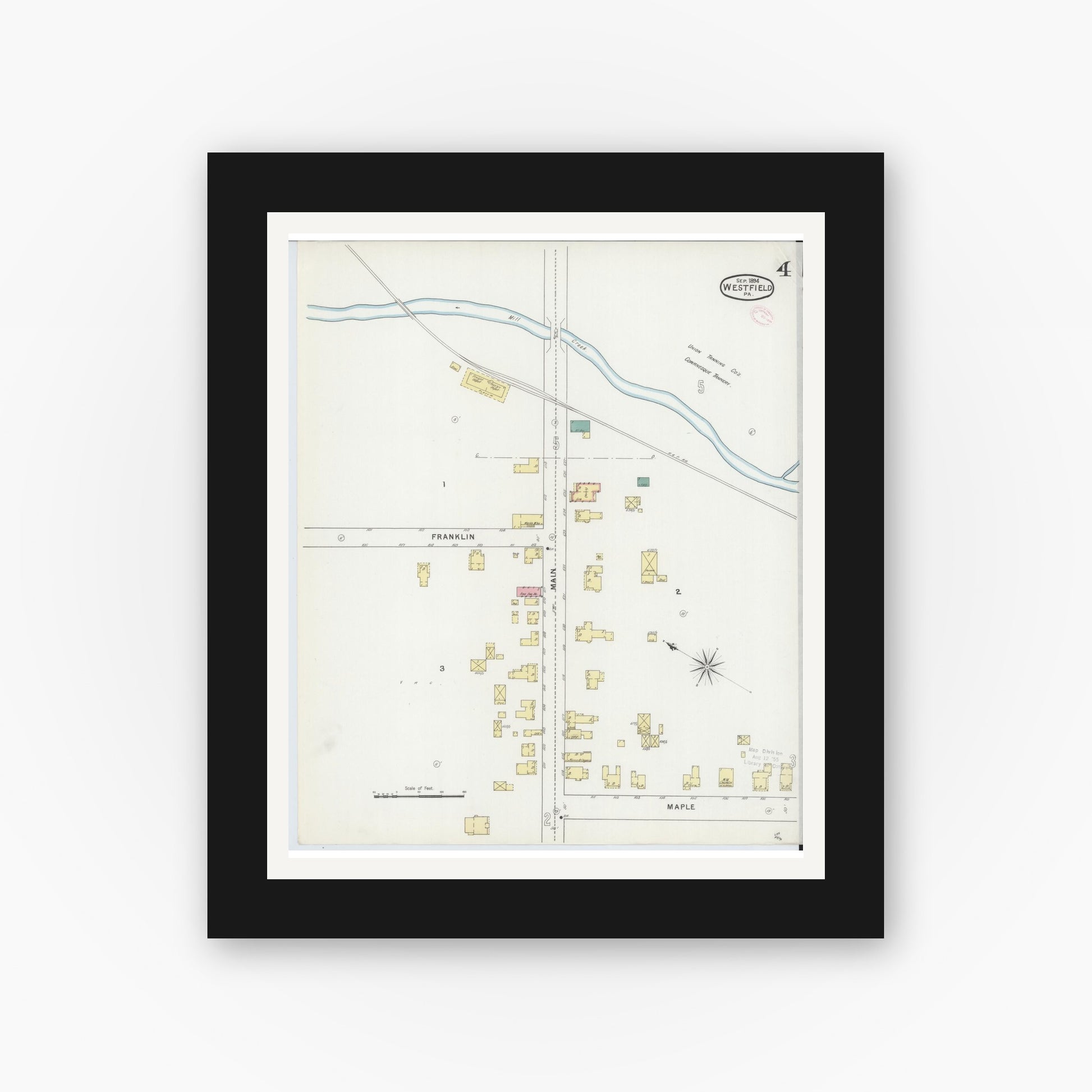 Old map wall art mockup — black gallery frame with white mat — Sanborn Fire Insurance Map from Westfield, Tioga County, Pennsylvania (1894), Sheet #0004