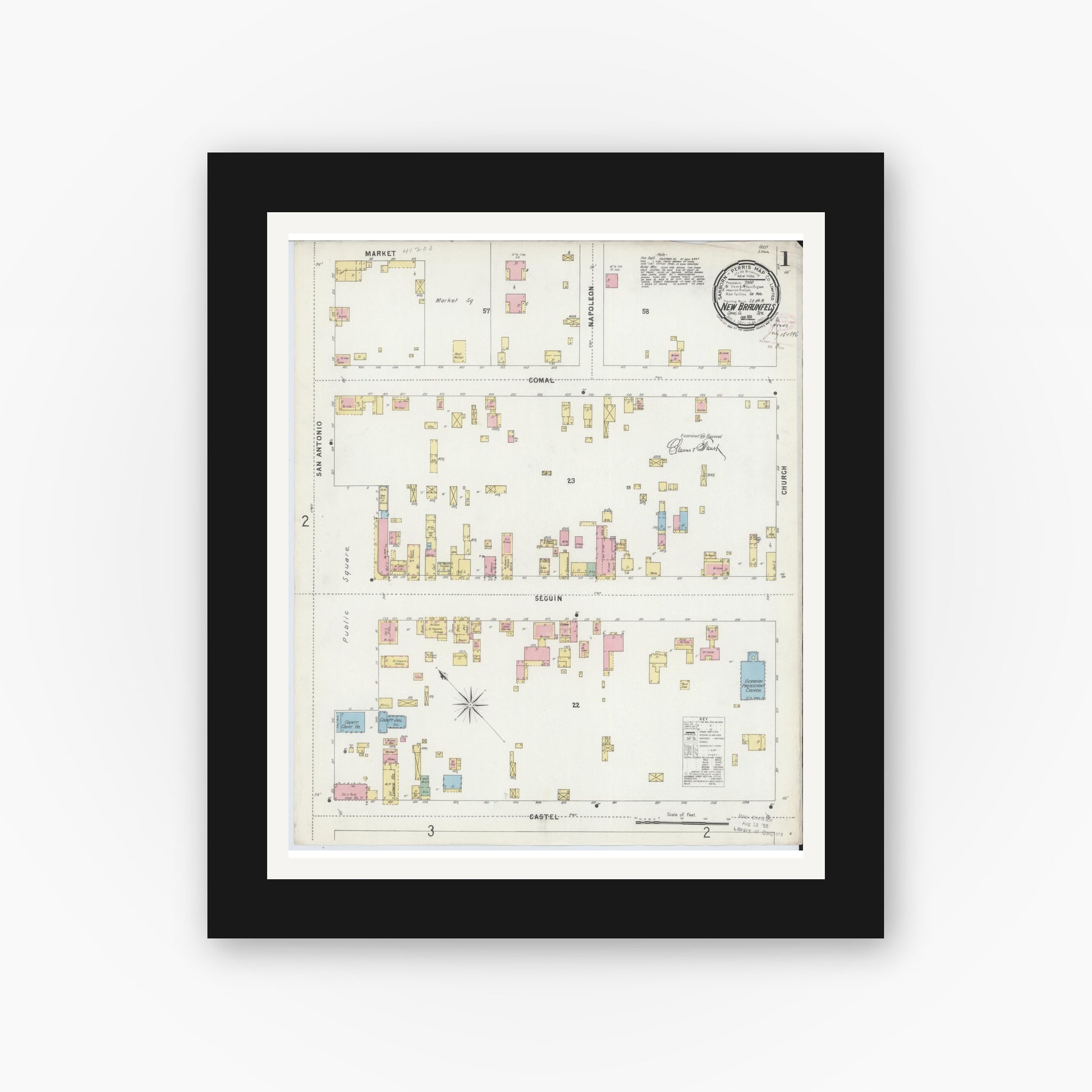 Old map wall art mockup — black gallery frame with white mat — Sanborn Fire Insurance Map from New Braunfels, Comal County, Texas (1896), Sheet #0001