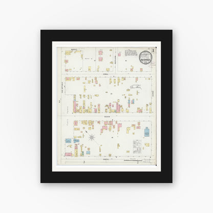 Old map wall art mockup — black gallery frame with white mat — Sanborn Fire Insurance Map from New Braunfels, Comal County, Texas (1896), Sheet #0001