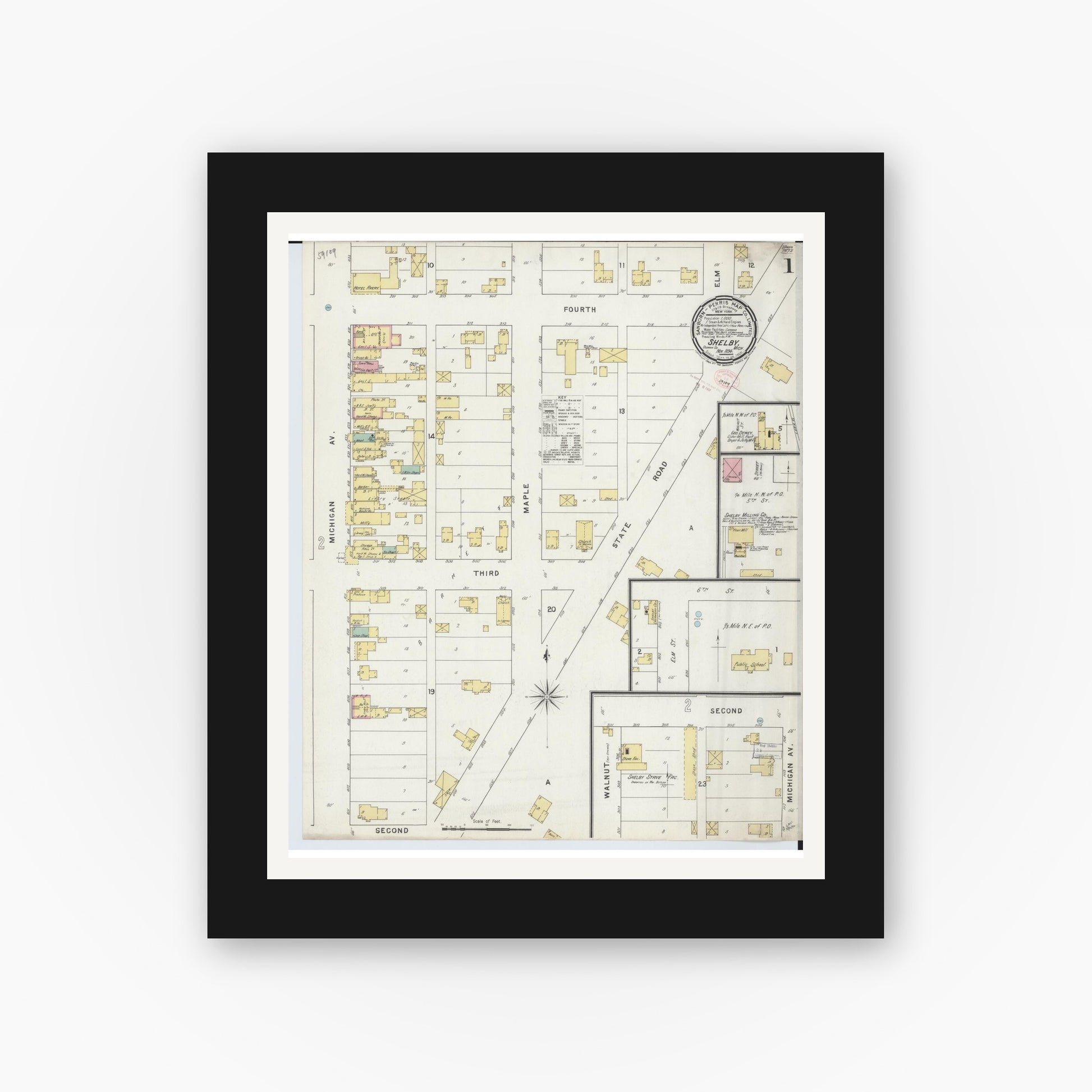 Old map wall art mockup — black gallery frame with white mat — Sanborn Fire Insurance Map from Shelby, Oceana County, Michigan (1894) - Complete Map Set