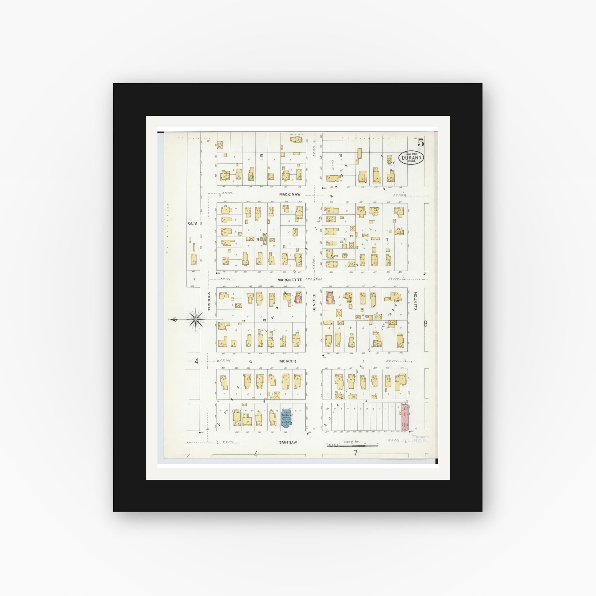Old map wall art mockup — black gallery frame with white mat — Sanborn Fire Insurance Map from Durand, Shiawassee County, Michigan (1908), Sheet #0005