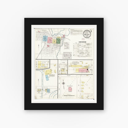 Old map wall art mockup — black gallery frame with white mat — Sanborn Fire Insurance Map from Sac City, Sac County, Iowa (1915), Sheet #0001