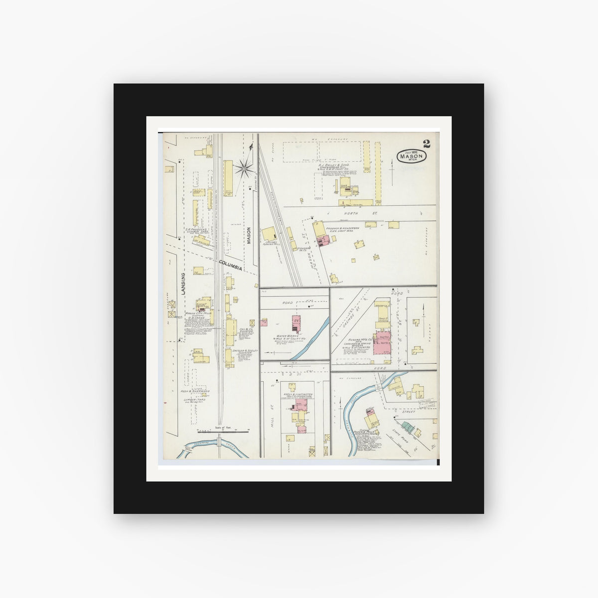 Old map wall art mockup — black gallery frame with white mat — Sanborn Fire Insurance Map from Mason, Ingham County, Michigan (1892), Sheet #0002