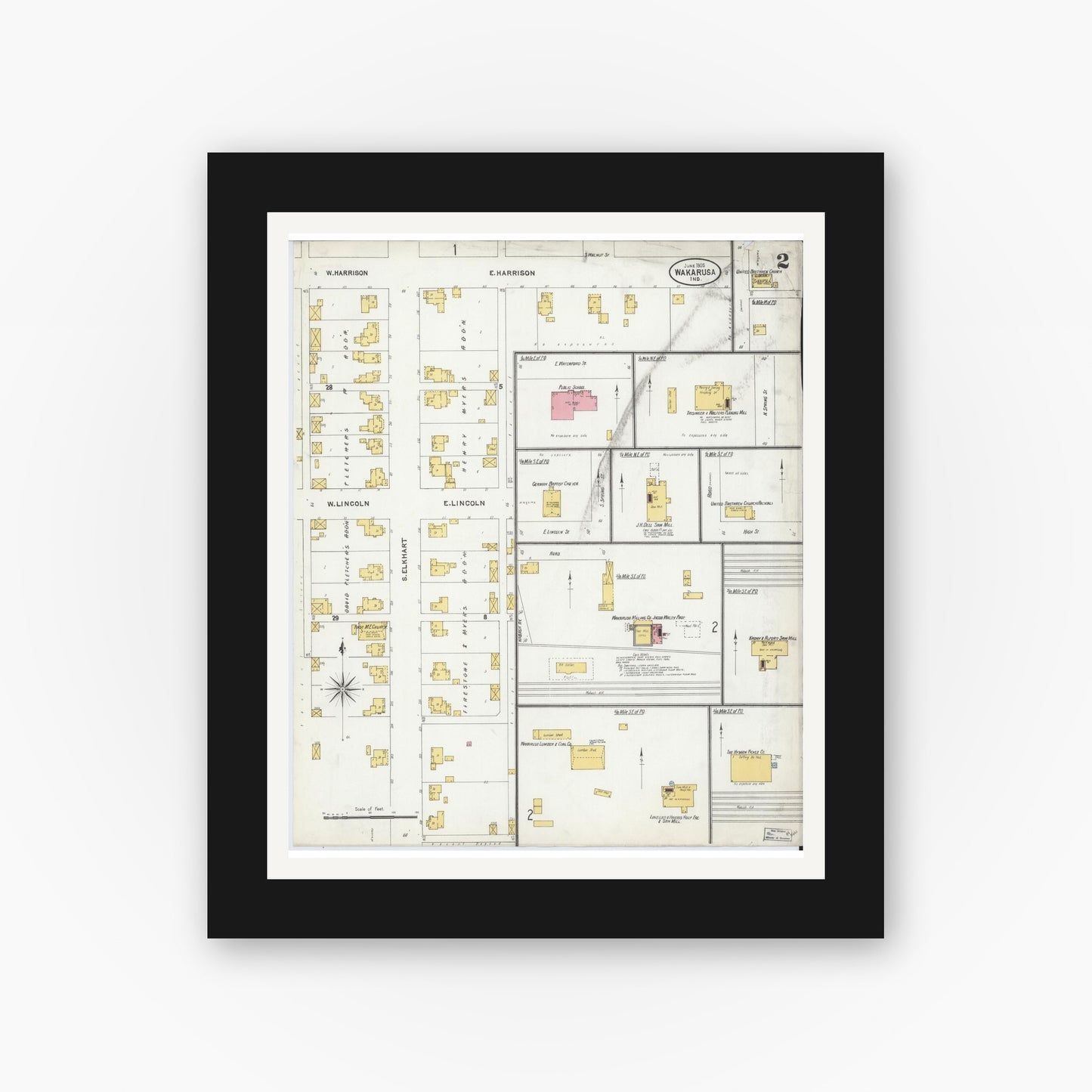 Old map wall art mockup — black gallery frame with white mat — Sanborn Fire Insurance Map from Wakarusa, Elkhart County, Indiana (1905), Sheet #0002