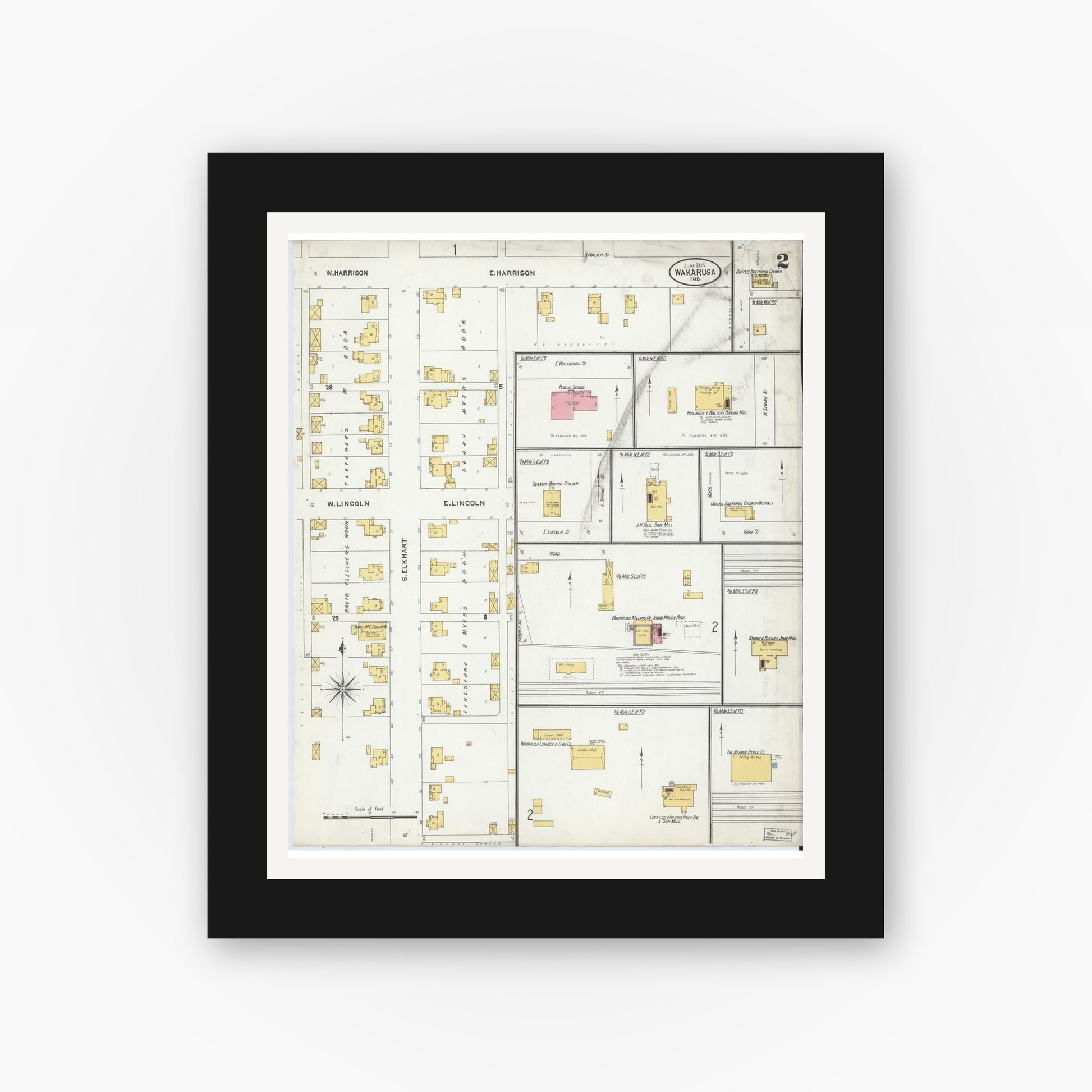 Old map wall art mockup — black gallery frame with white mat — Sanborn Fire Insurance Map from Wakarusa, Elkhart County, Indiana (1905), Sheet #0002