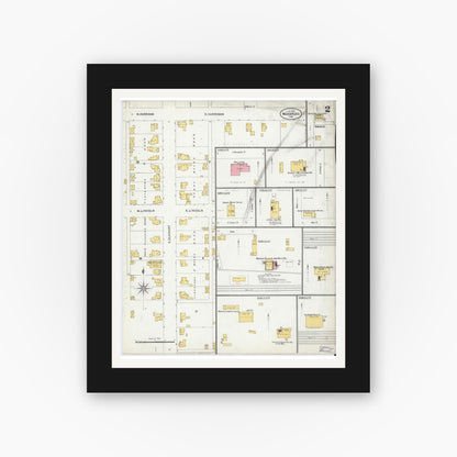 Old map wall art mockup — black gallery frame with white mat — Sanborn Fire Insurance Map from Wakarusa, Elkhart County, Indiana (1905), Sheet #0002
