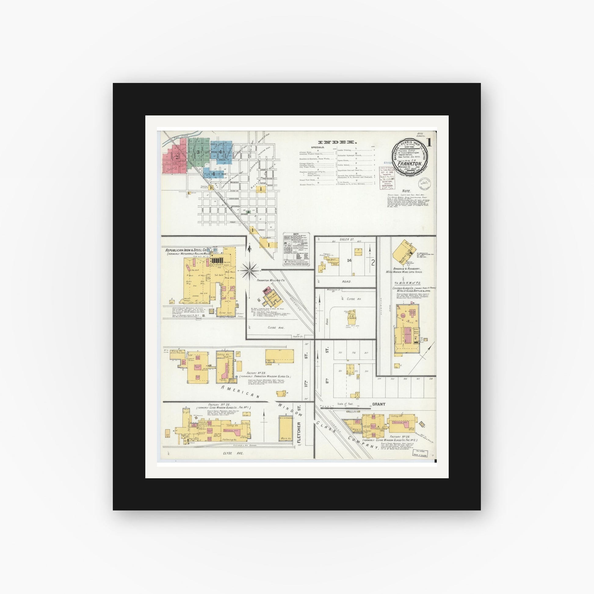 Old map wall art mockup — black gallery frame with white mat — Sanborn Fire Insurance Map from Frankton, Madison County, Indiana (1900), Sheet #0001