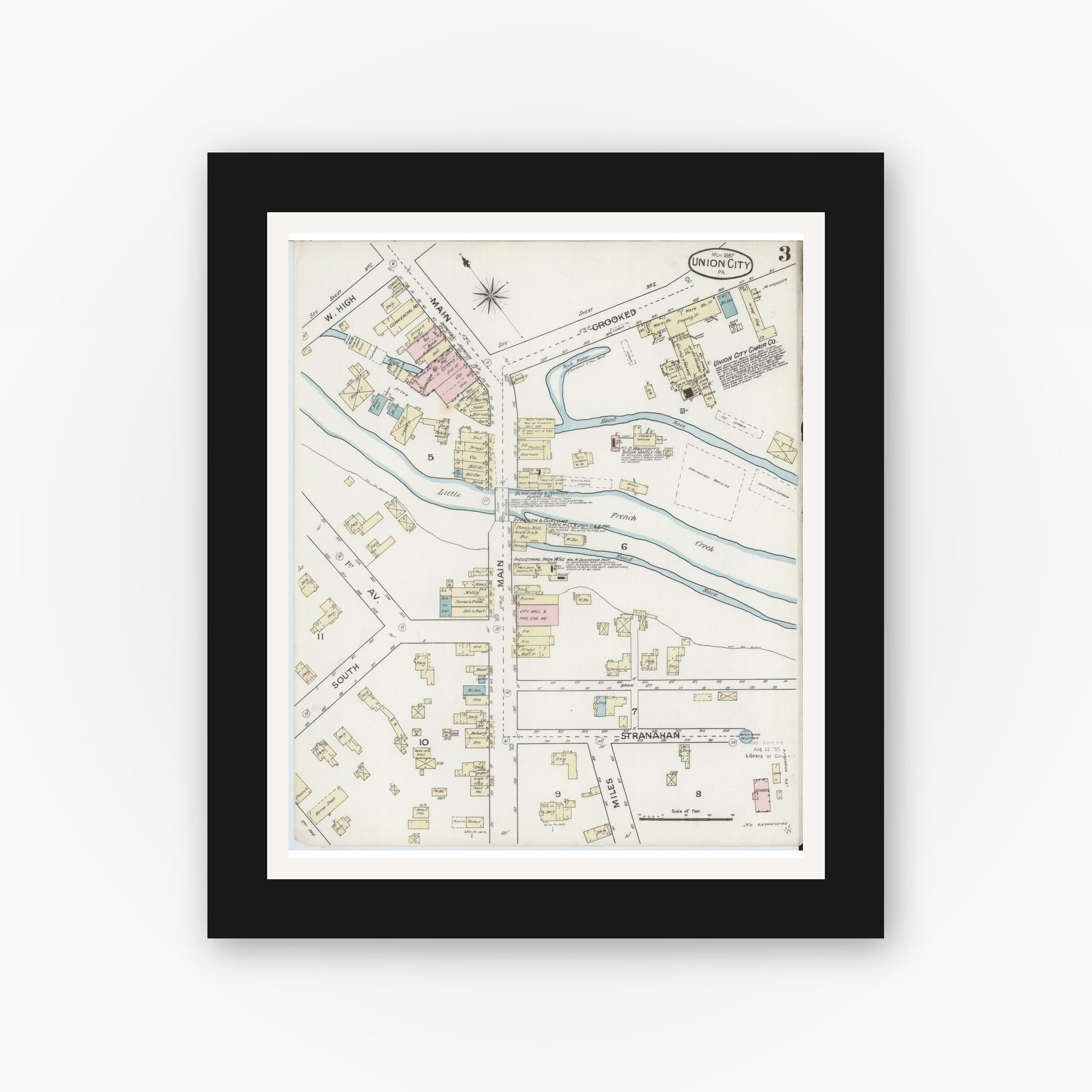 Old map wall art mockup — black gallery frame with white mat — Sanborn Fire Insurance Map from Union City, Erie County, Pennsylvania (1887), Sheet #0003