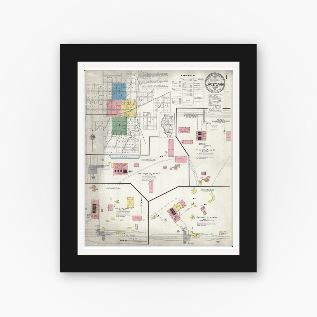 Old map wall art mockup — black gallery frame with white mat — Sanborn Fire Insurance Map from Christopher, Franklin County, Illinois (1916) - Complete Map Set