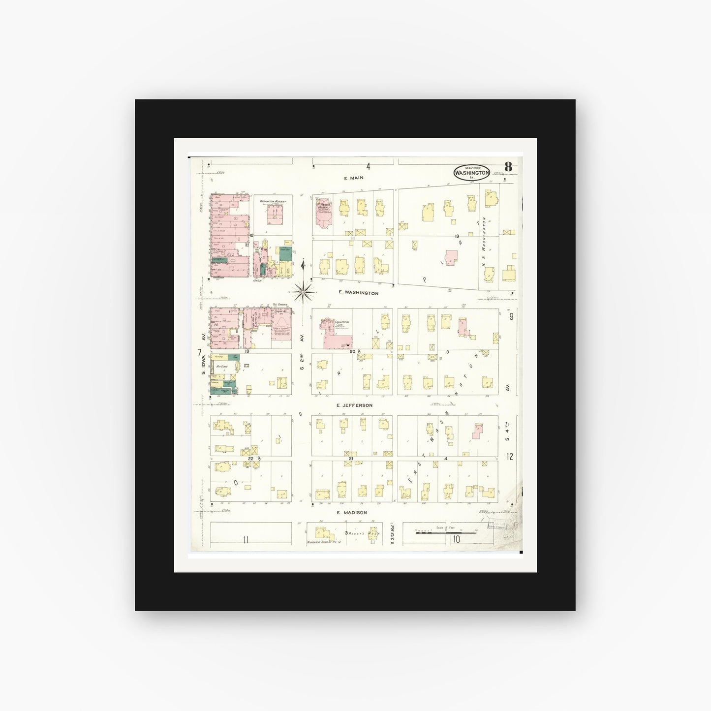 Old map wall art mockup — black gallery frame with white mat — Sanborn Fire Insurance Map from Washington, Washington County, Iowa (1909), Sheet #0008