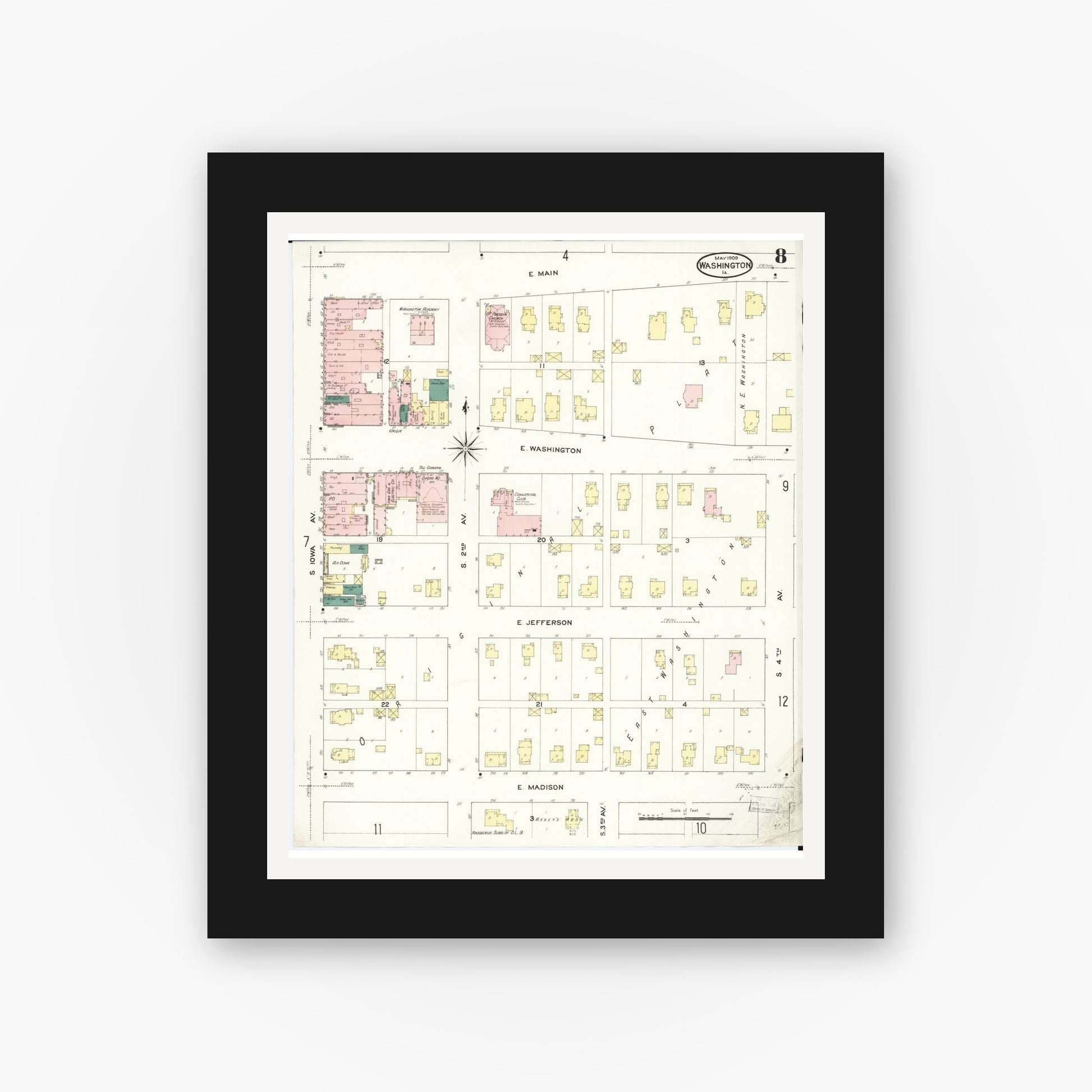 Old map wall art mockup — black gallery frame with white mat — Sanborn Fire Insurance Map from Washington, Washington County, Iowa (1909), Sheet #0008