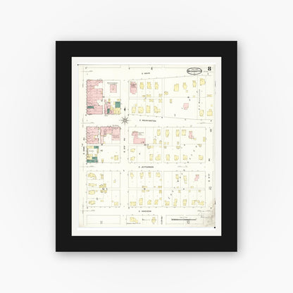 Old map wall art mockup — black gallery frame with white mat — Sanborn Fire Insurance Map from Washington, Washington County, Iowa (1909), Sheet #0008