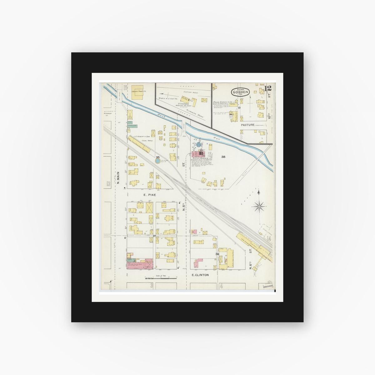 Old map wall art mockup — black gallery frame with white mat — Sanborn Fire Insurance Map from Goshen, Elkhart County, Indiana (1892), Sheet #0012
