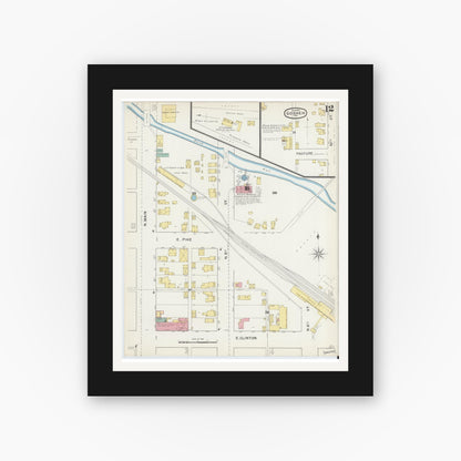 Old map wall art mockup — black gallery frame with white mat — Sanborn Fire Insurance Map from Goshen, Elkhart County, Indiana (1892), Sheet #0012