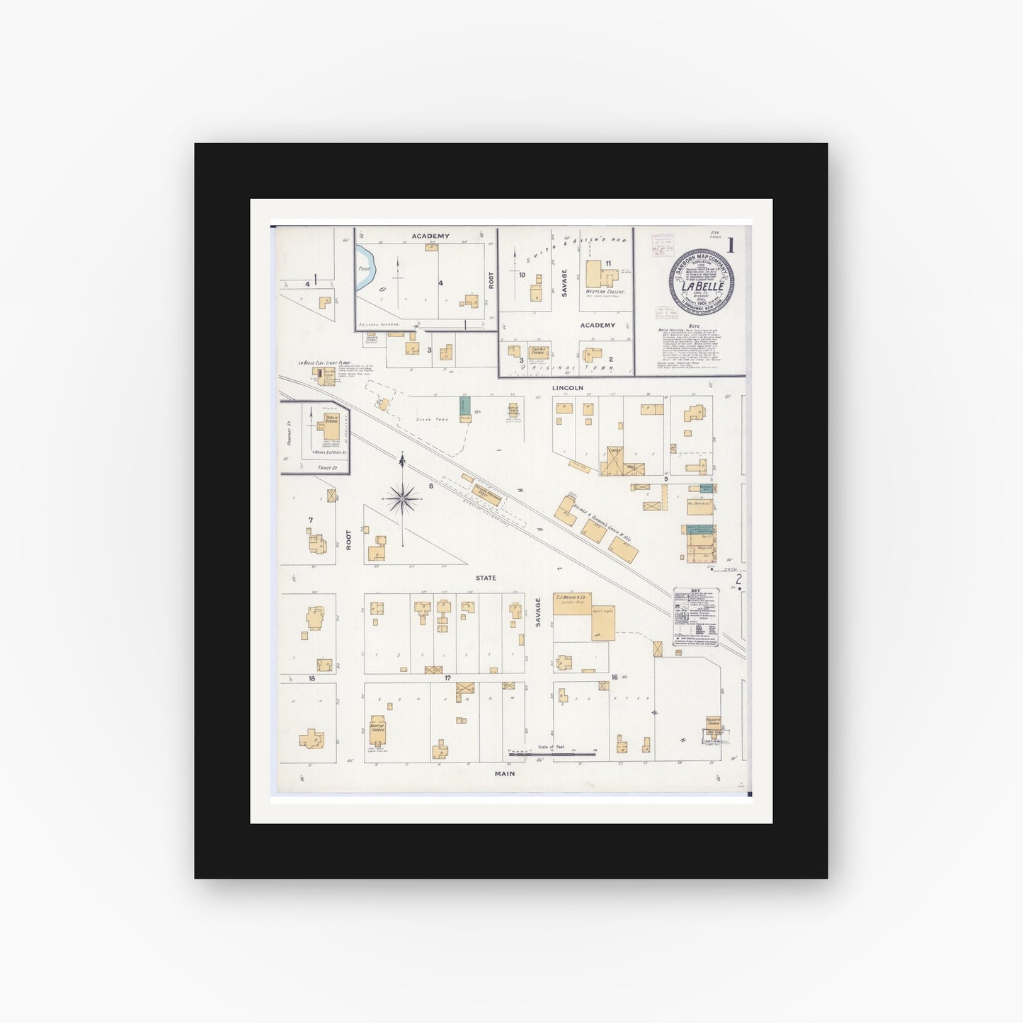 Old map wall art mockup — black gallery frame with white mat — Sanborn Fire Insurance Map from La Belle, Lewis County, Missouri (1906), Sheet #0001