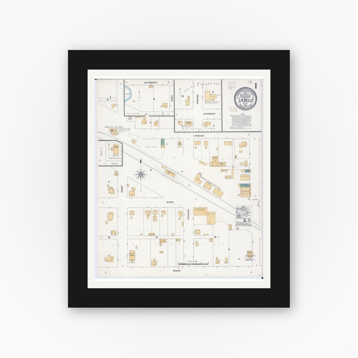 Old map wall art mockup — black gallery frame with white mat — Sanborn Fire Insurance Map from La Belle, Lewis County, Missouri (1906), Sheet #0001
