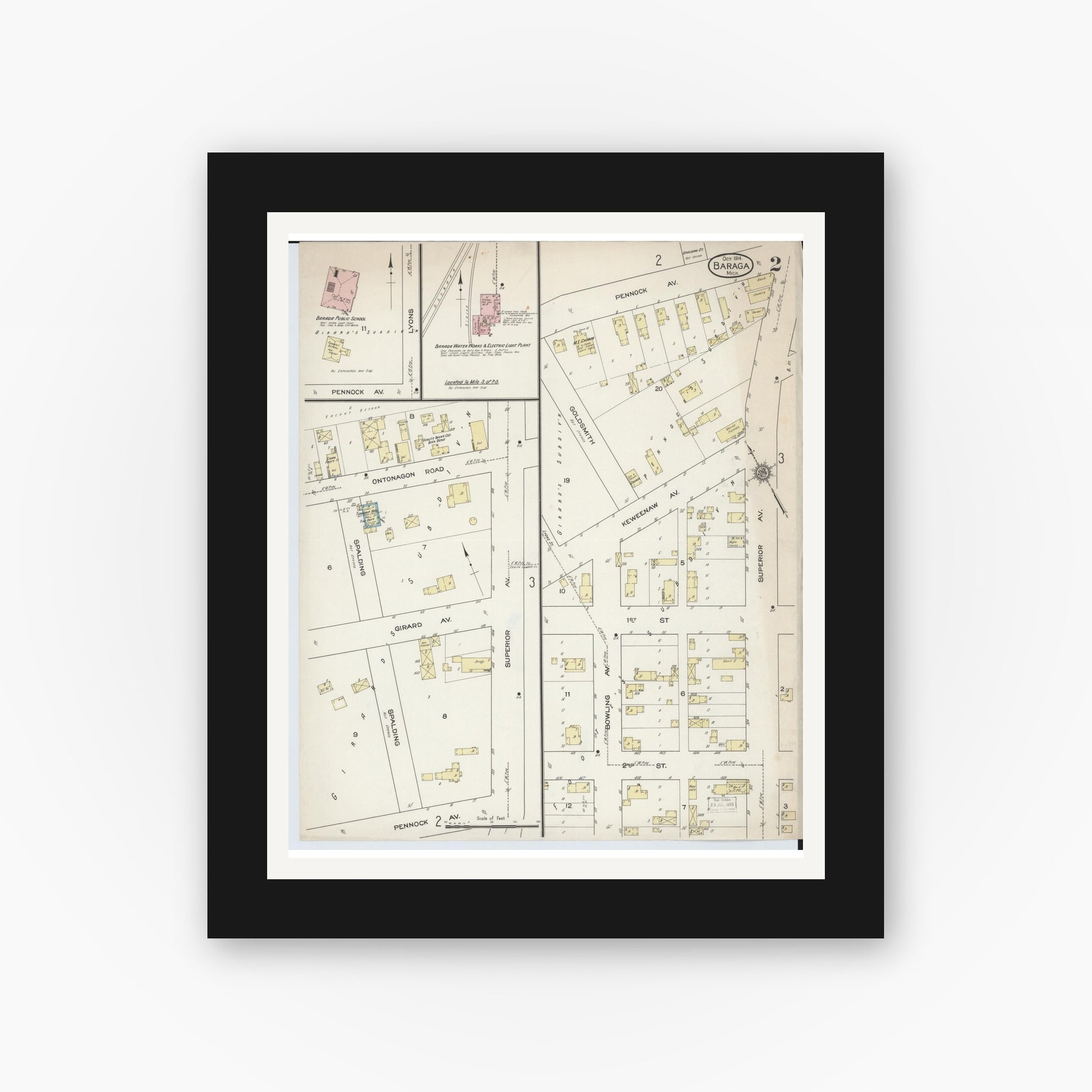 Old map wall art mockup — black gallery frame with white mat — Sanborn Fire Insurance Map from Baraga, Baraga County, Michigan (1914), Sheet #0002