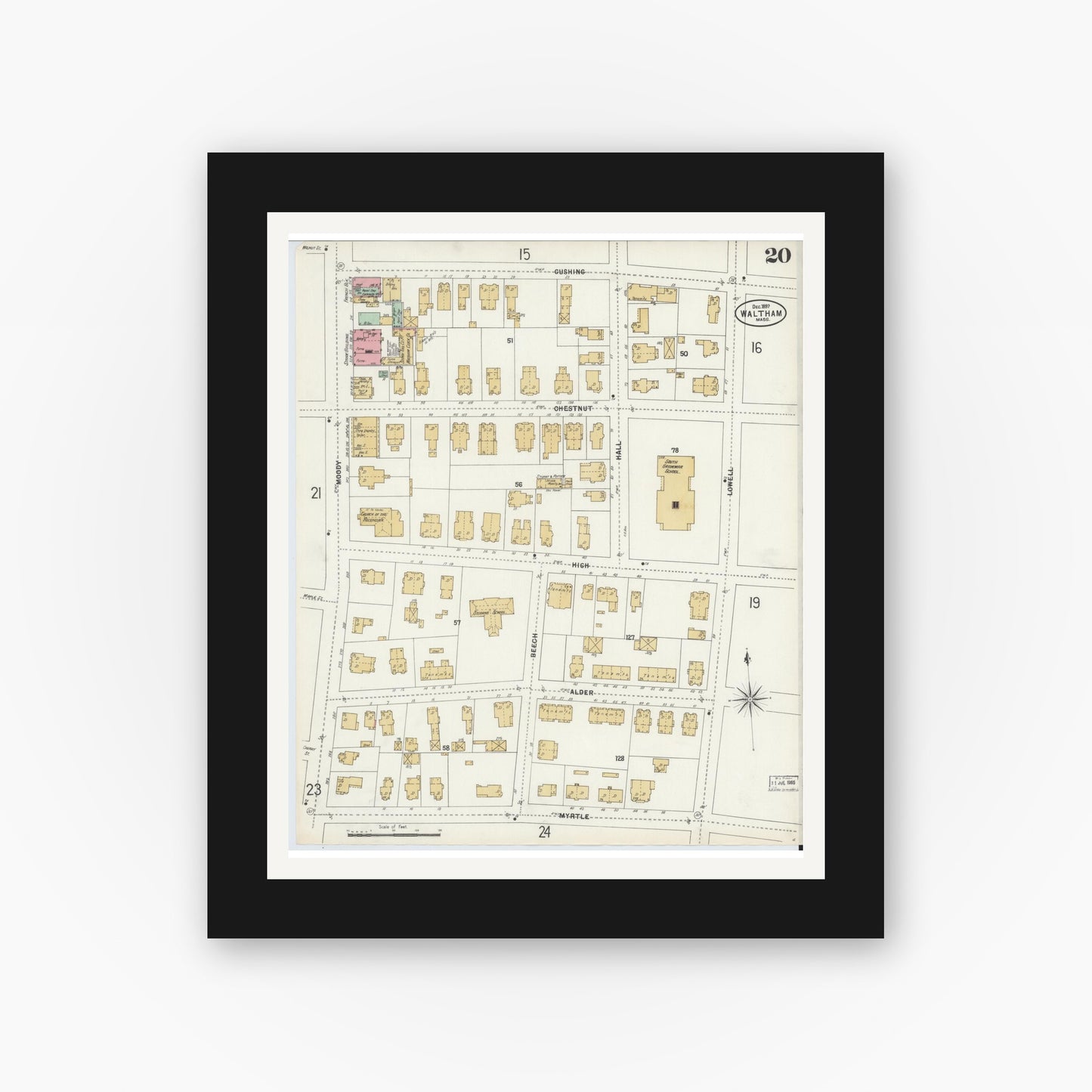 Old map wall art mockup — black gallery frame with white mat — Sanborn Fire Insurance Map from Waltham, Middlesex County, Massachusetts (1897), Sheet #0020
