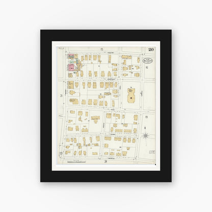 Old map wall art mockup — black gallery frame with white mat — Sanborn Fire Insurance Map from Waltham, Middlesex County, Massachusetts (1897), Sheet #0020